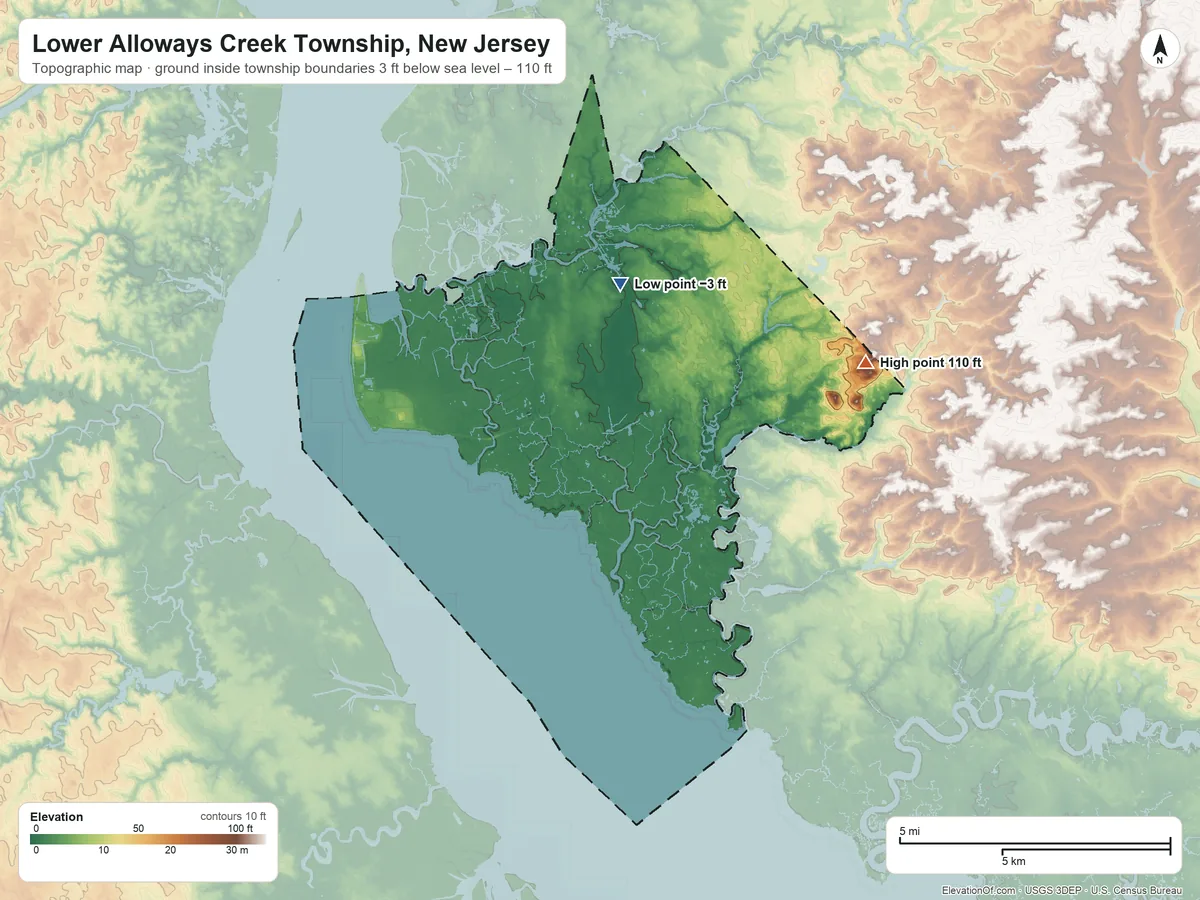 Topographic elevation map of Lower Alloways Creek Township, New Jersey, shaded from −3 ft near the middle to 110 ft on the east side