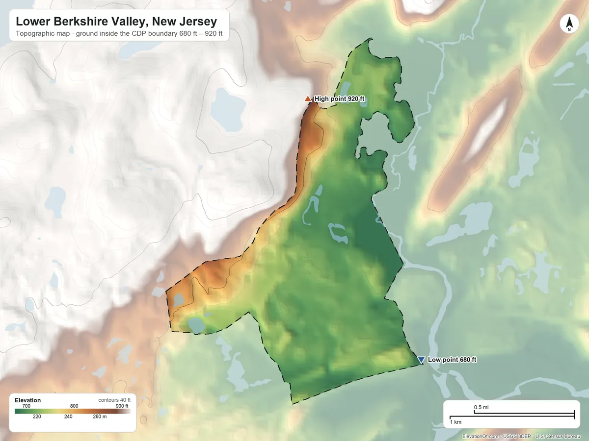 Topographic elevation map of Lower Berkshire Valley, New Jersey, shaded from 680 ft on the southeast side to 920 ft on the north side