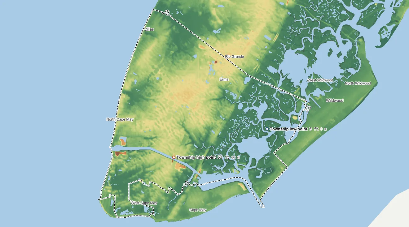 Topographic elevation map of Lower Township, New Jersey, shaded from sea level level on the Intracoastal Waterway to 53 ft on the south side