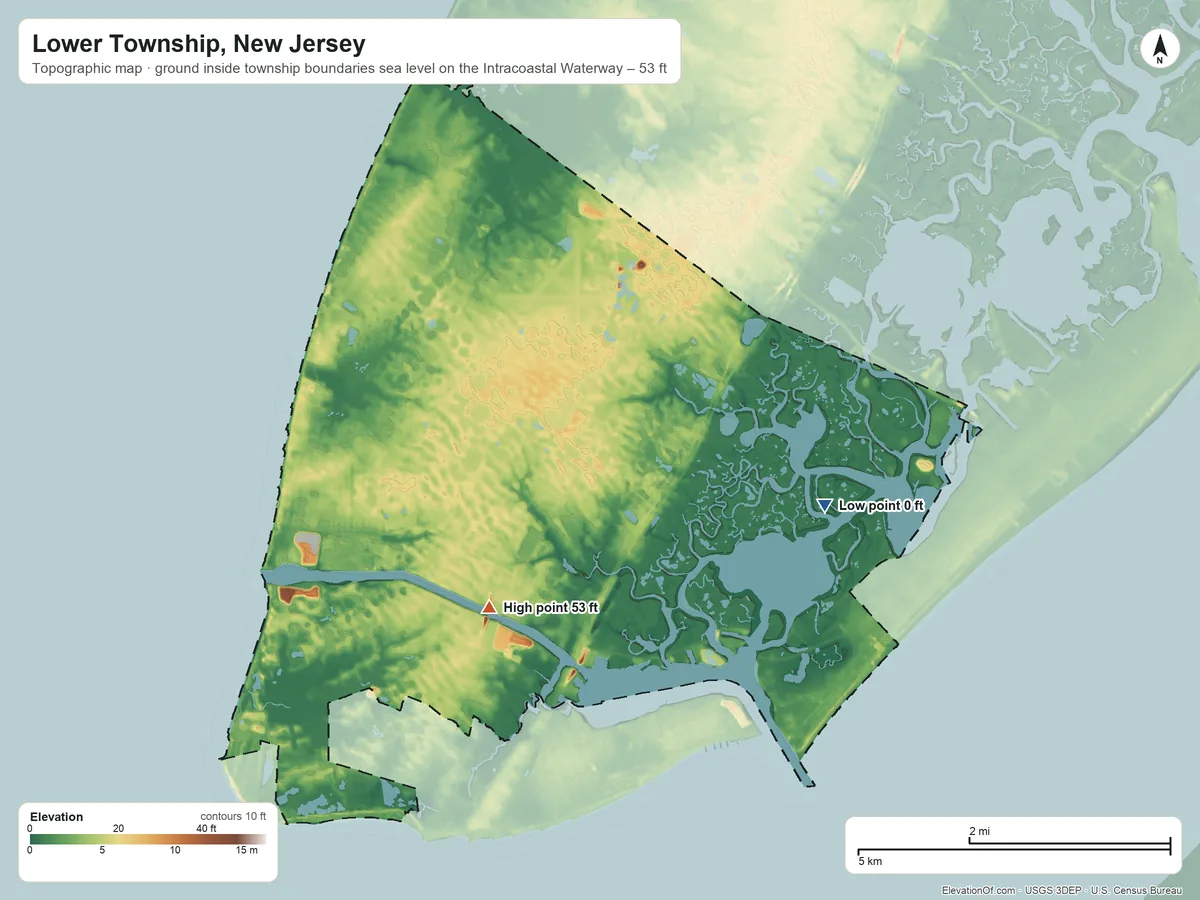 Topographic elevation map of Lower Township, New Jersey, shaded from sea level level on the Intracoastal Waterway to 53 ft on the south side