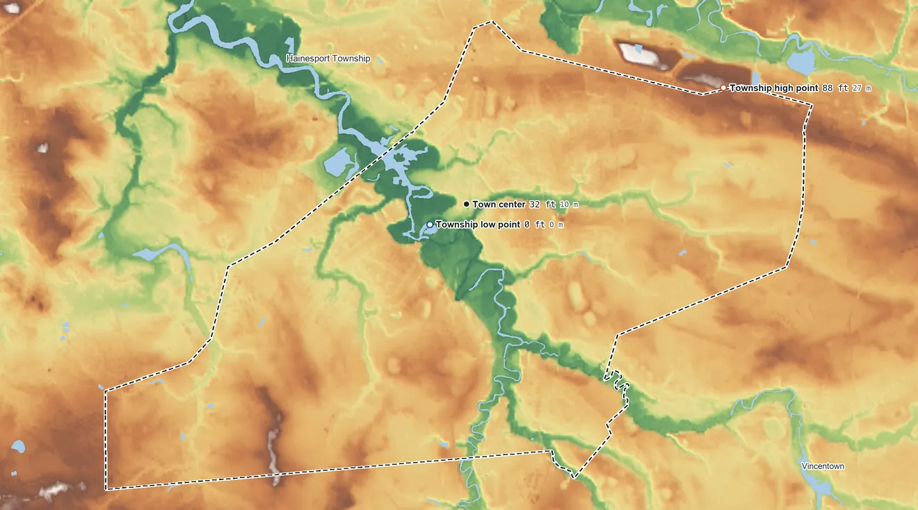 Topographic elevation map of Lumberton Township, New Jersey, shaded from 0 ft near the middle to 88 ft on the northeast side