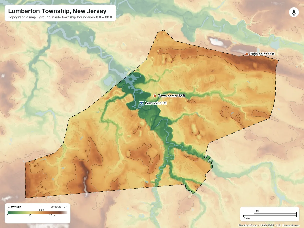 Topographic elevation map of Lumberton Township, New Jersey, shaded from 0 ft near the middle to 88 ft on the northeast side