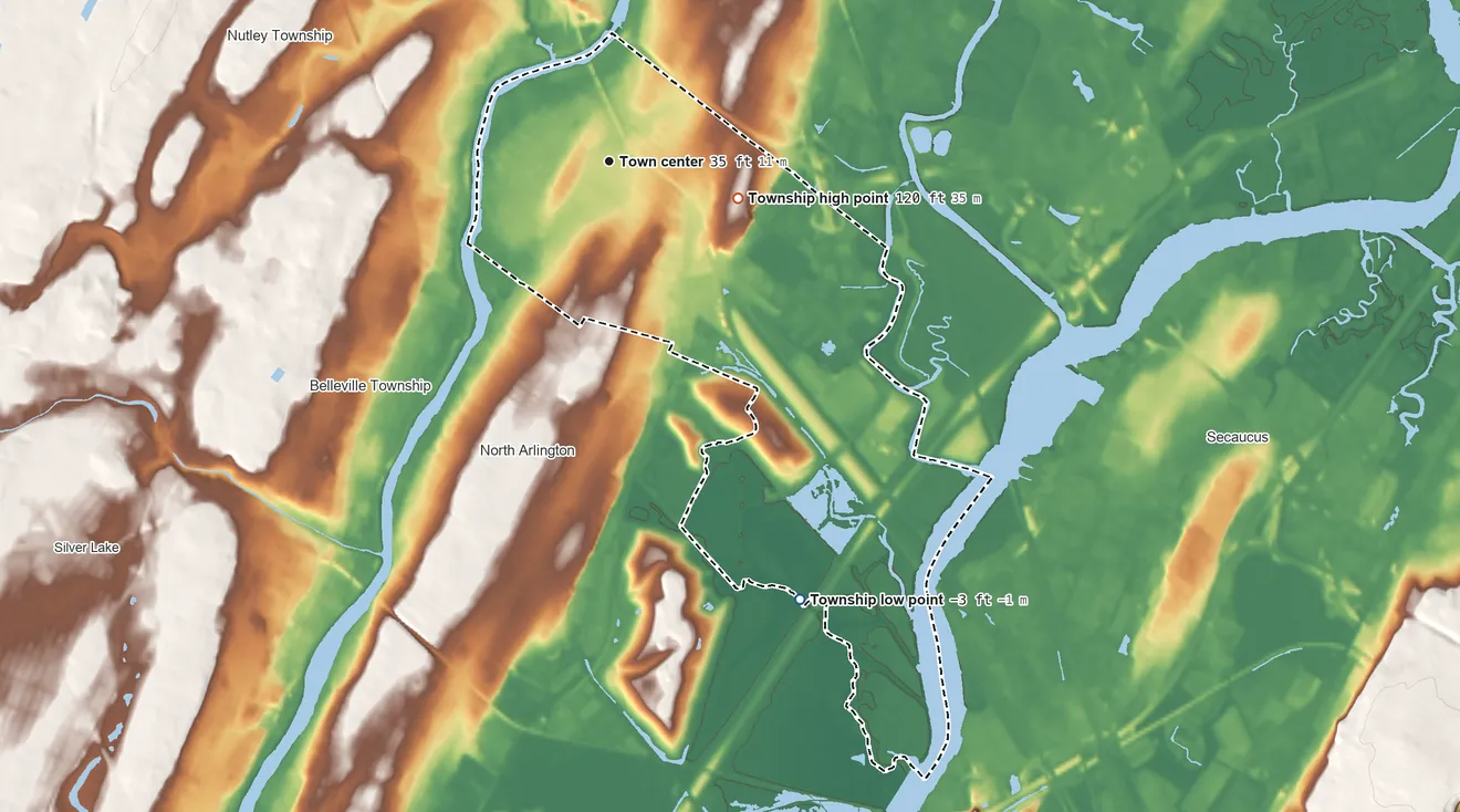 Topographic elevation map of Lyndhurst Township, New Jersey, shaded from −3 ft on the southeast side to 120 ft on the east side