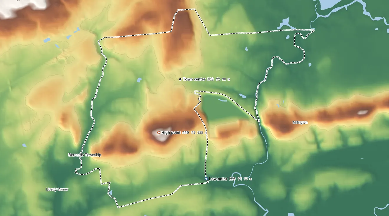 Topographic elevation map of Lyons, New Jersey, shaded from 220 ft on the south side to 450 ft on the south side