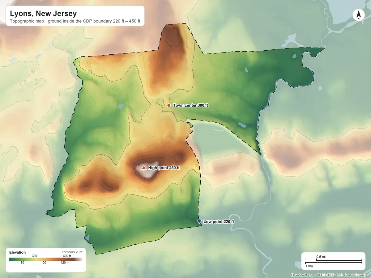 Topographic elevation map of Lyons, New Jersey, shaded from 220 ft on the south side to 450 ft on the south side