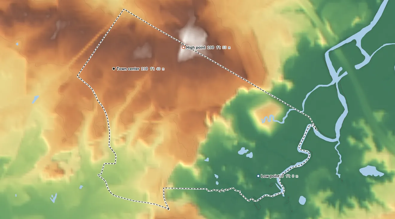 Topographic elevation map of Madison Park, New Jersey, shaded from 0 ft on the southeast side to 180 ft on the east side