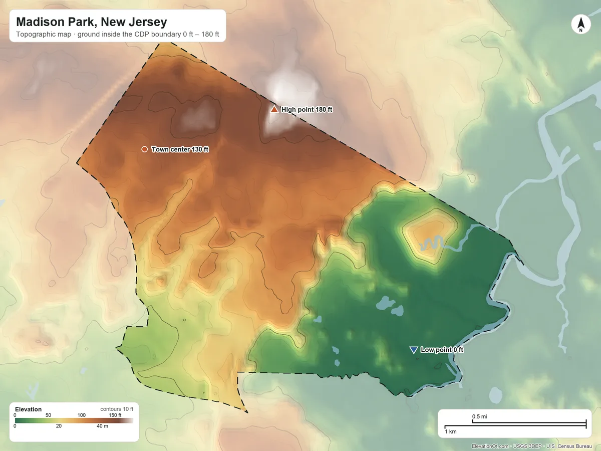 Topographic elevation map of Madison Park, New Jersey, shaded from 0 ft on the southeast side to 180 ft on the east side