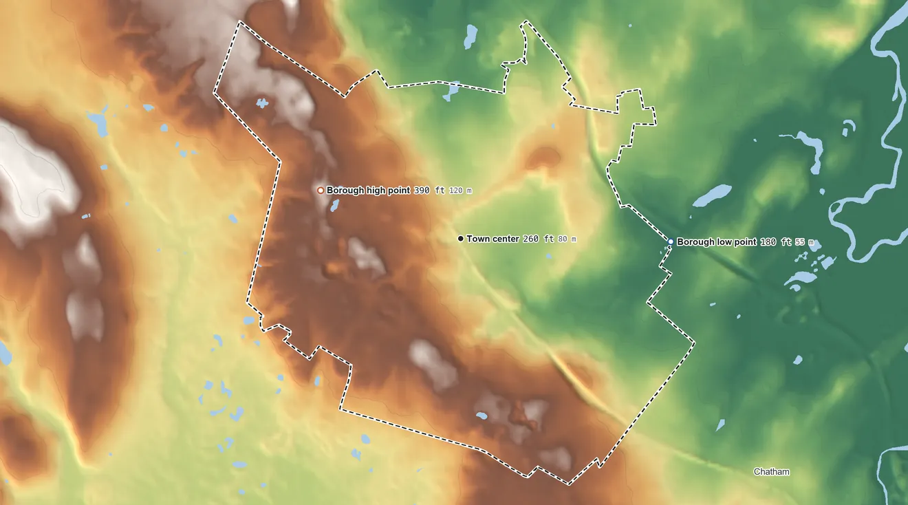 Topographic elevation map of Madison, New Jersey, shaded from 180 ft on the east side to 390 ft on the west side
