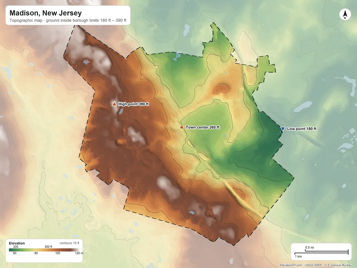 Topographic elevation map of Madison, New Jersey, shaded from 180 ft on the east side to 390 ft on the west side