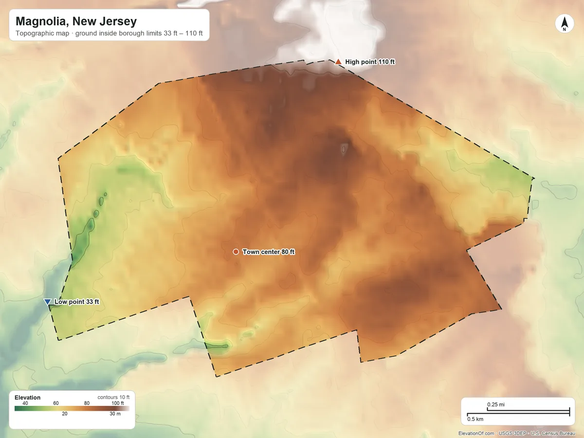 Topographic elevation map of Magnolia, New Jersey, shaded from 33 ft on the west side to 110 ft on the northeast side