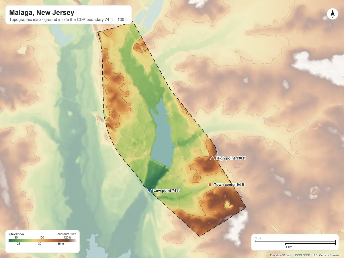Topographic elevation map of Malaga, New Jersey, shaded from 74 ft on the west side to 130 ft on the north side