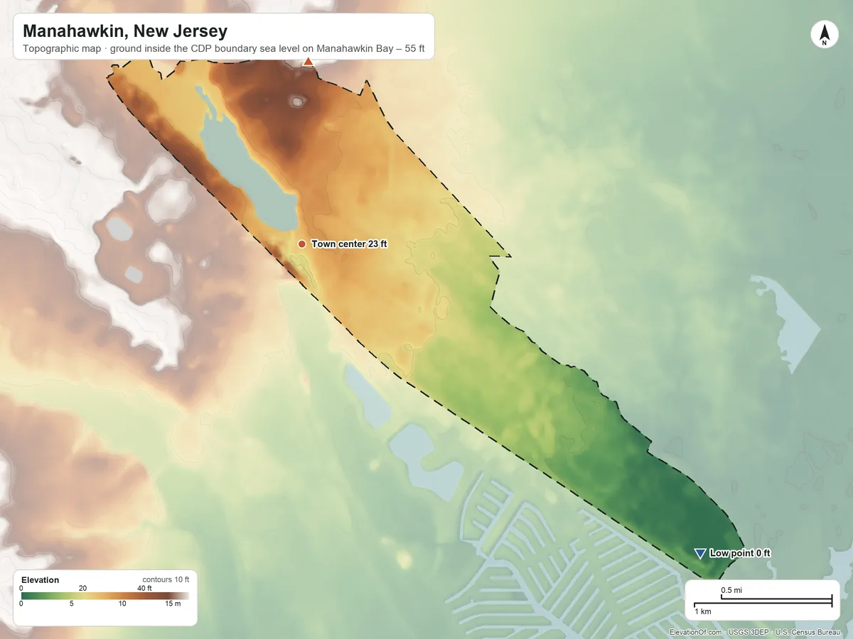 Topographic elevation map of Manahawkin, New Jersey, shaded from sea level level on Manahawkin Bay to 55 ft on the north side