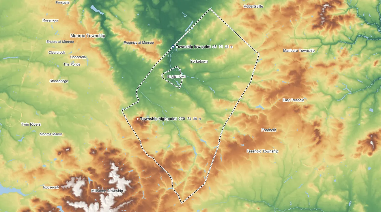 Topographic elevation map of Manalapan Township, New Jersey, shaded from 48 ft on the northwest side to 270 ft on the southwest side