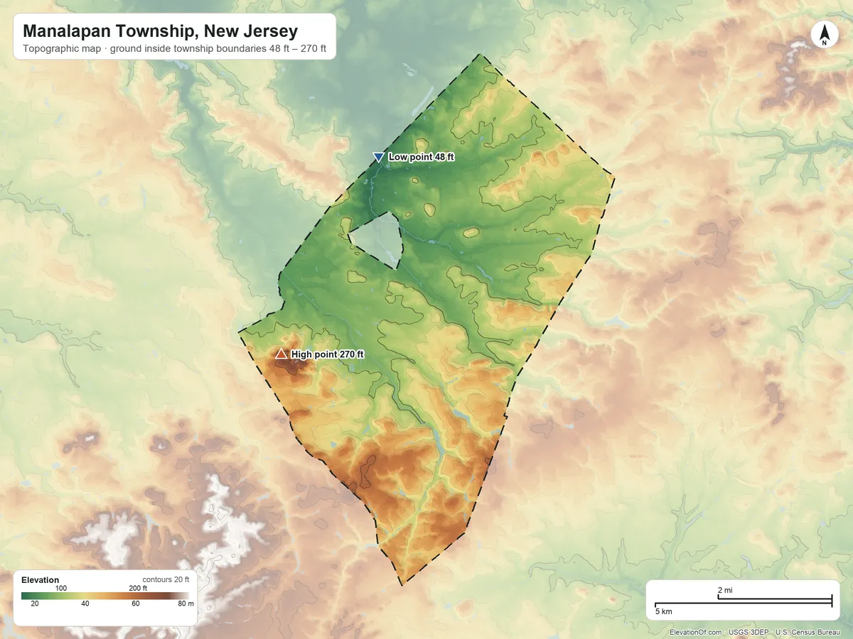 Topographic elevation map of Manalapan Township, New Jersey, shaded from 48 ft on the northwest side to 270 ft on the southwest side