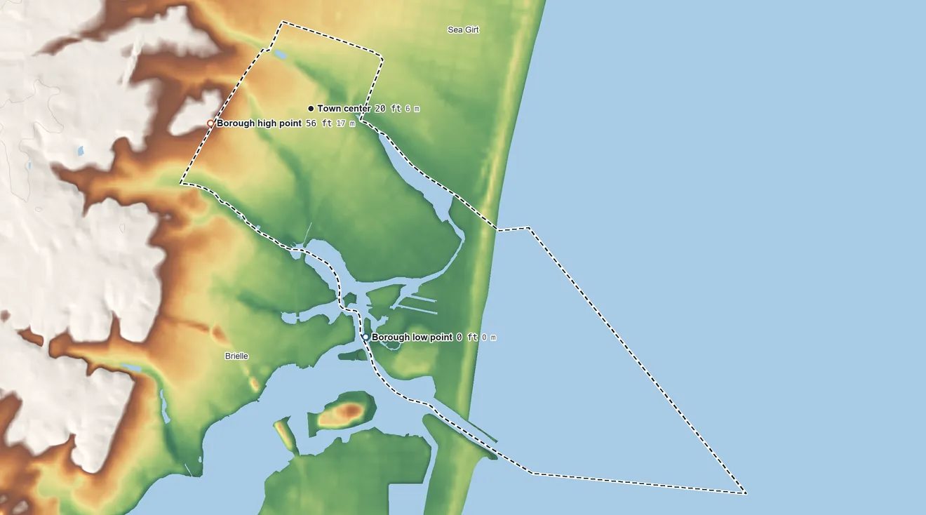 Topographic elevation map of Manasquan, New Jersey, shaded from sea level level on the Manasquan River to 56 ft on the west side