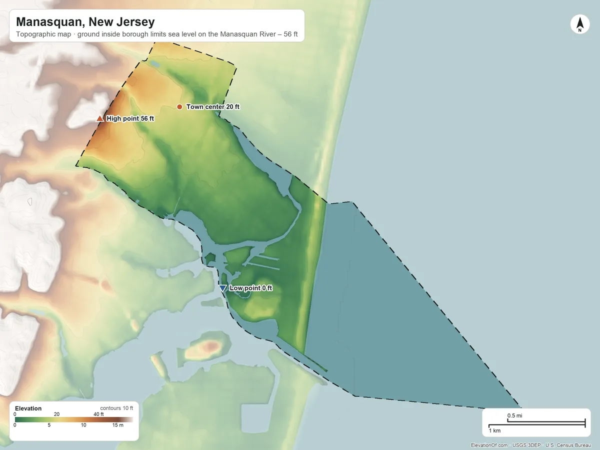 Topographic elevation map of Manasquan, New Jersey, shaded from sea level level on the Manasquan River to 56 ft on the west side