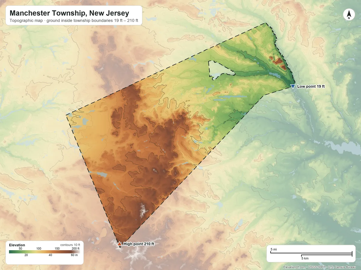 Topographic elevation map of Manchester Township, New Jersey, shaded from 19 ft on the east side to 210 ft on the southwest side
