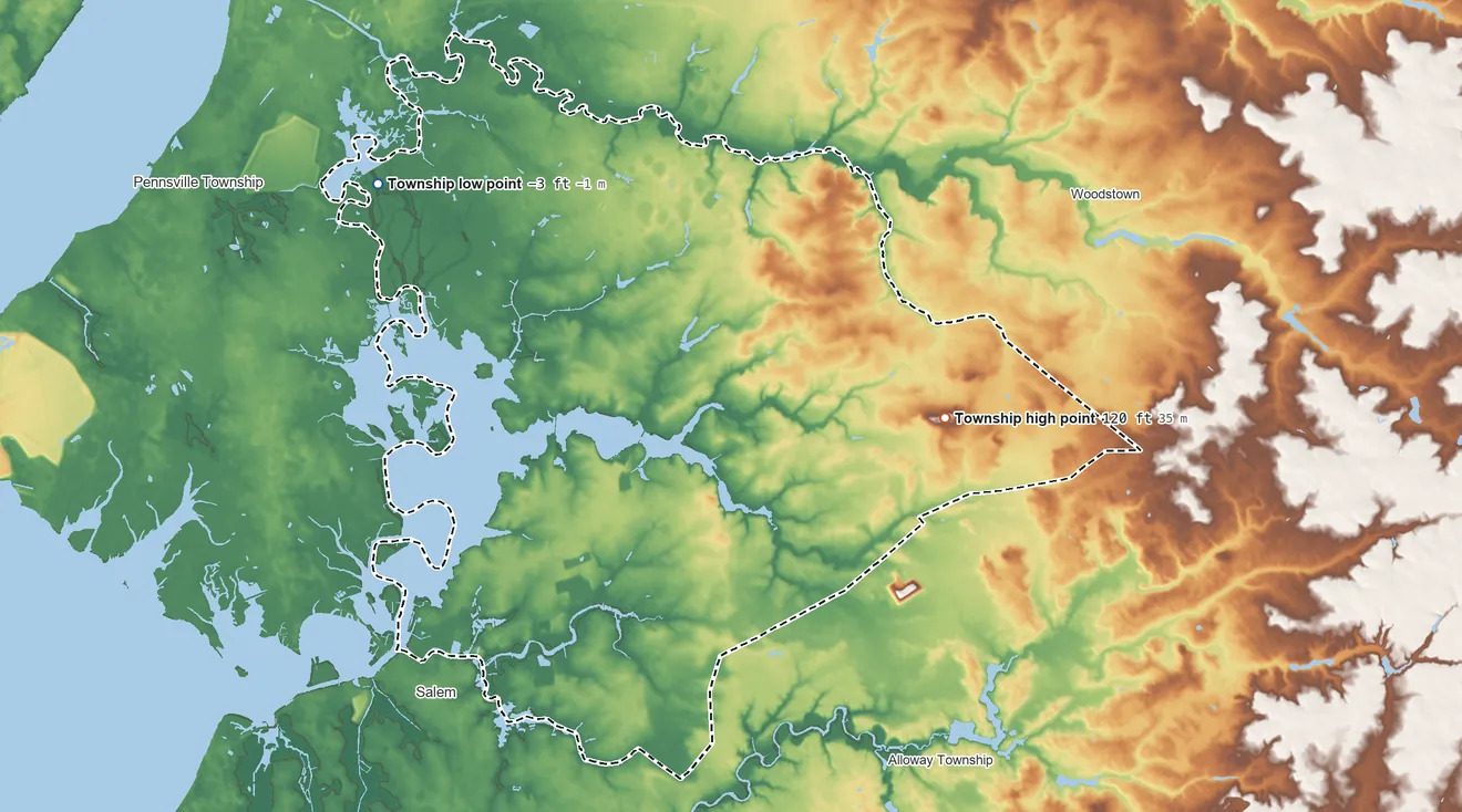 Topographic elevation map of Mannington Township, New Jersey, shaded from −3 ft on the northwest side to 120 ft on Big Mannington Hill