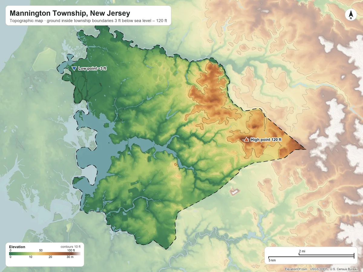 Topographic elevation map of Mannington Township, New Jersey, shaded from −3 ft on the northwest side to 120 ft on Big Mannington Hill