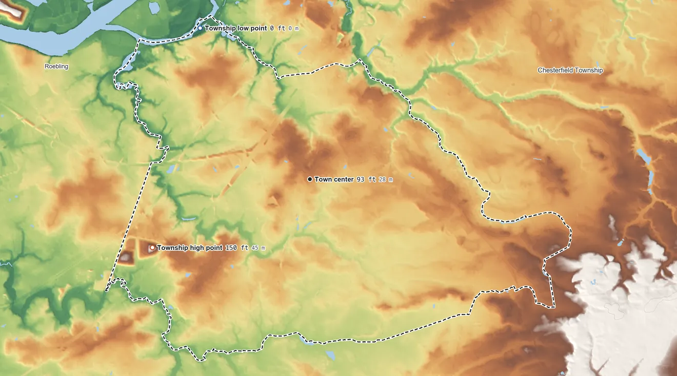 Topographic elevation map of Mansfield Township, New Jersey, shaded from 0 ft on the northwest side to 150 ft on the southwest side