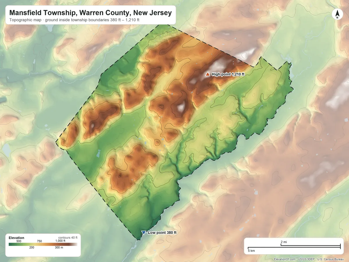 Topographic elevation map of Mansfield Township, Warren County, New Jersey, shaded from 380 ft on the southwest side to 1,210 ft on the northwest side