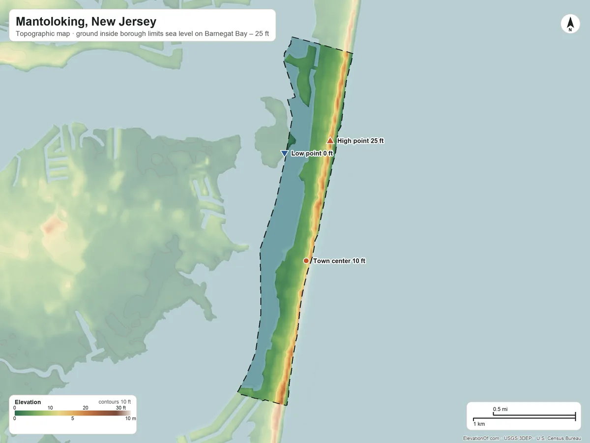 Topographic elevation map of Mantoloking, New Jersey, shaded from sea level level on Barnegat Bay to 25 ft on the north side