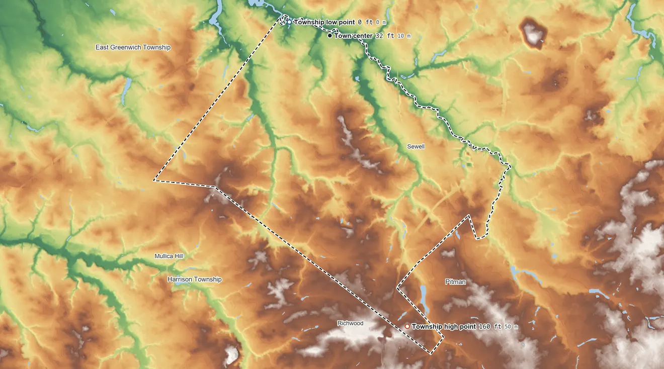 Topographic elevation map of Mantua Township, New Jersey, shaded from 0 ft near the middle to 160 ft on the south side