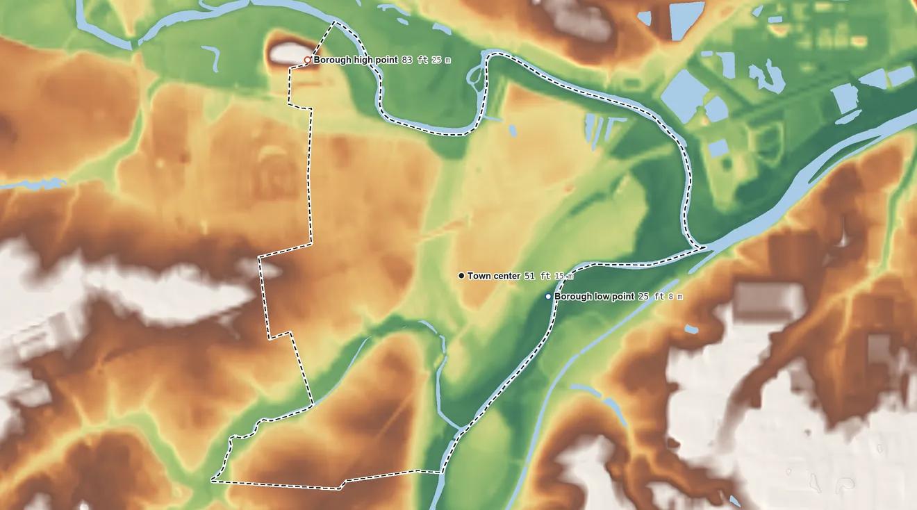 Topographic elevation map of Manville, New Jersey, shaded from 25 ft on the east side to 83 ft on the northwest side