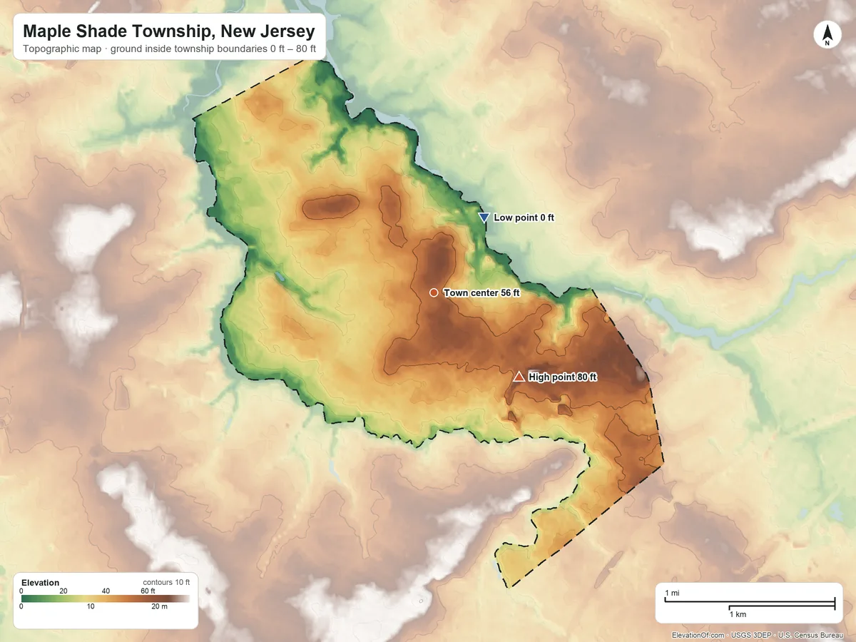 Topographic elevation map of Maple Shade Township, New Jersey, shaded from 0 ft on the northeast side to 80 ft on the southeast side
