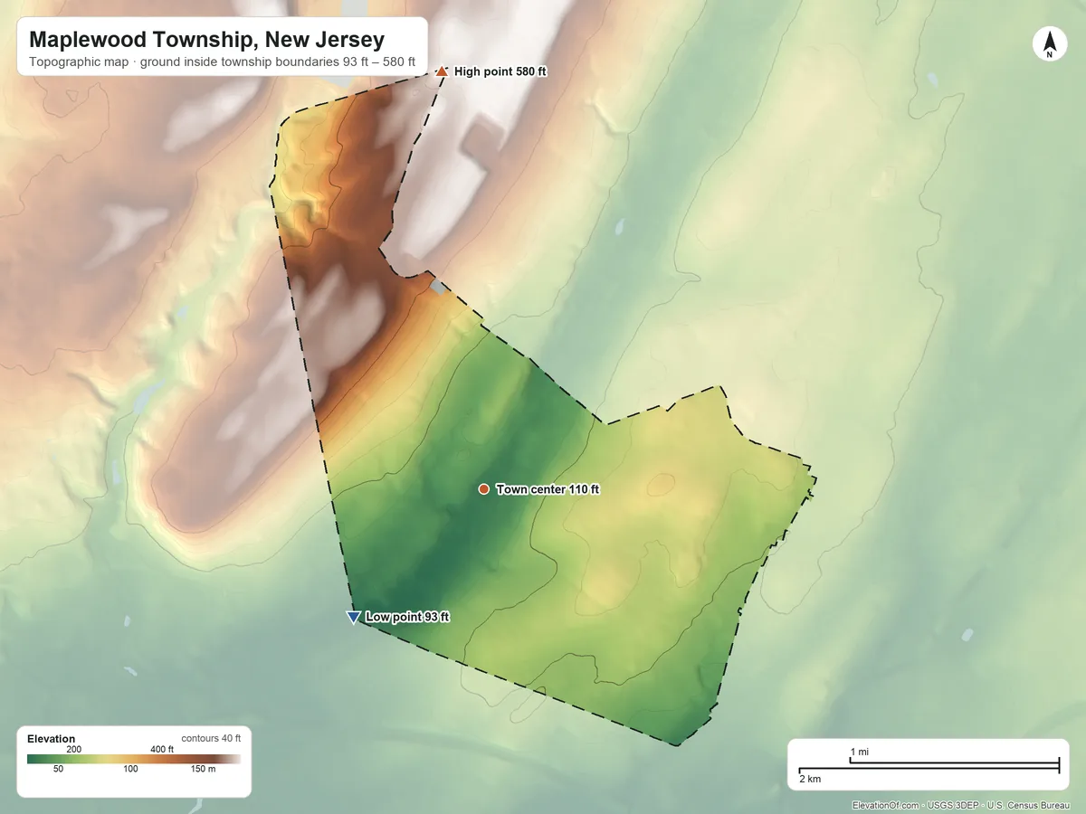 Topographic elevation map of Maplewood Township, New Jersey, shaded from 93 ft on the southwest side to 580 ft on the north side