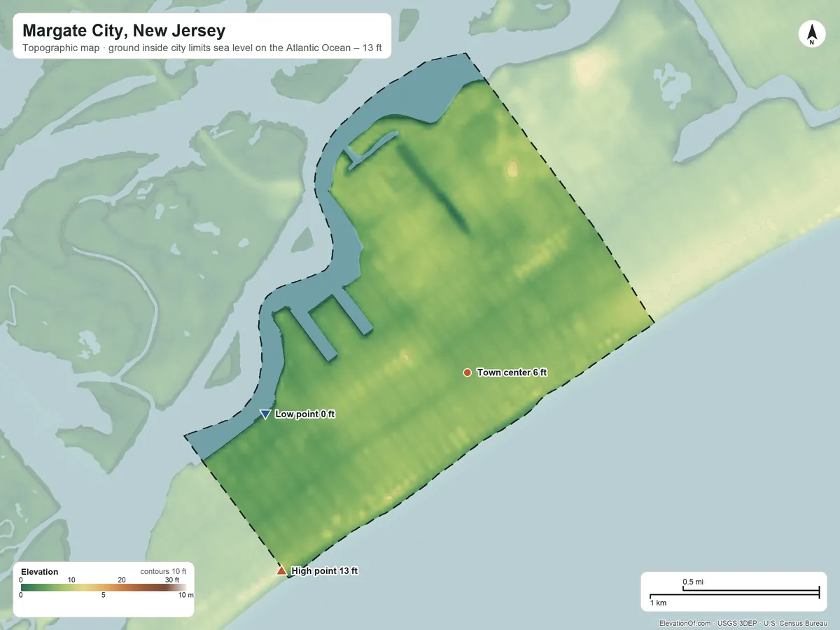 Topographic elevation map of Margate City, New Jersey, shaded from sea level level on the Atlantic Ocean to 13 ft on the southwest side