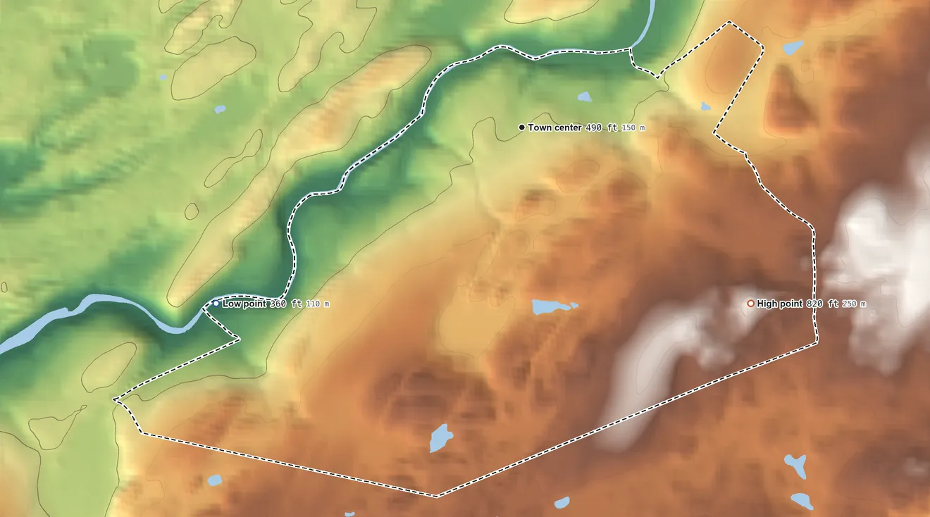 Topographic elevation map of Marksboro, New Jersey, shaded from 360 ft on the southwest side to 820 ft on the southeast side