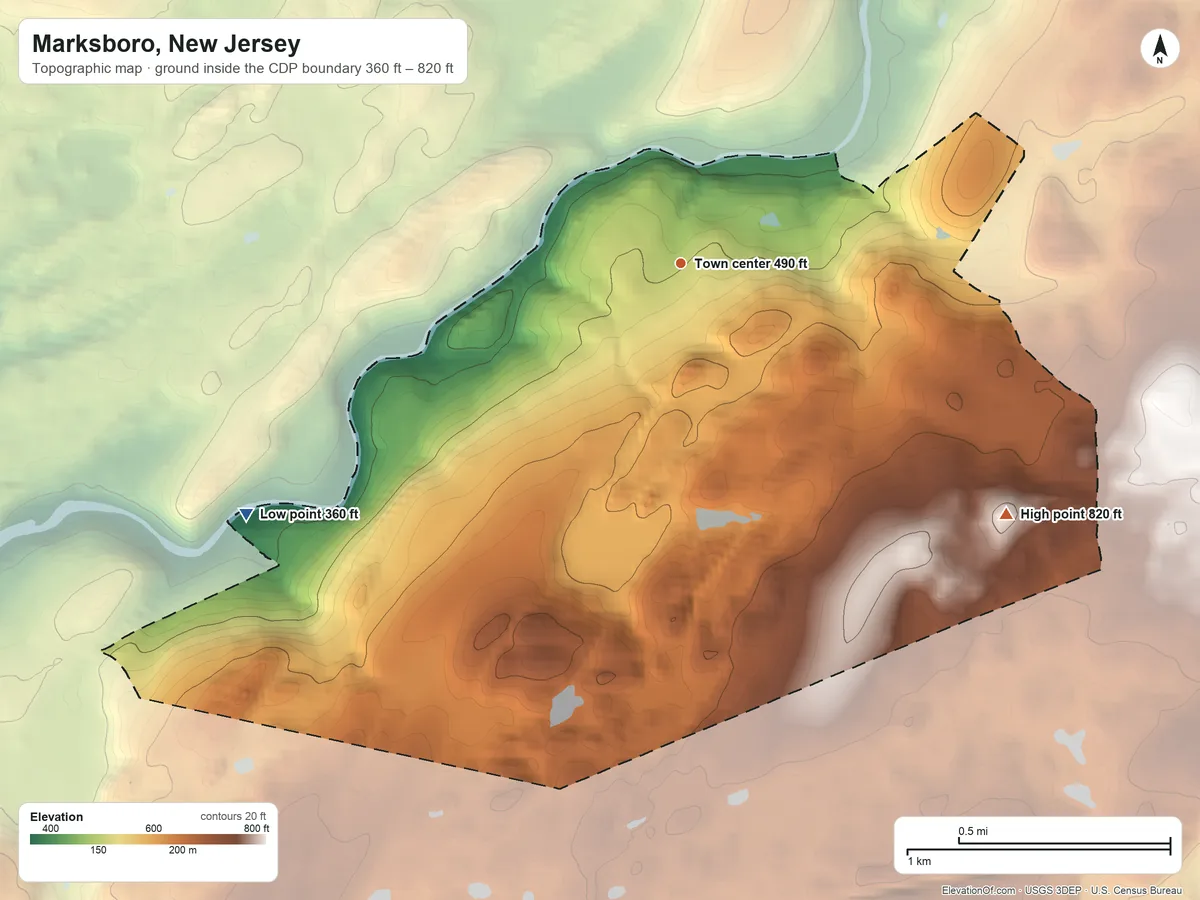 Topographic elevation map of Marksboro, New Jersey, shaded from 360 ft on the southwest side to 820 ft on the southeast side