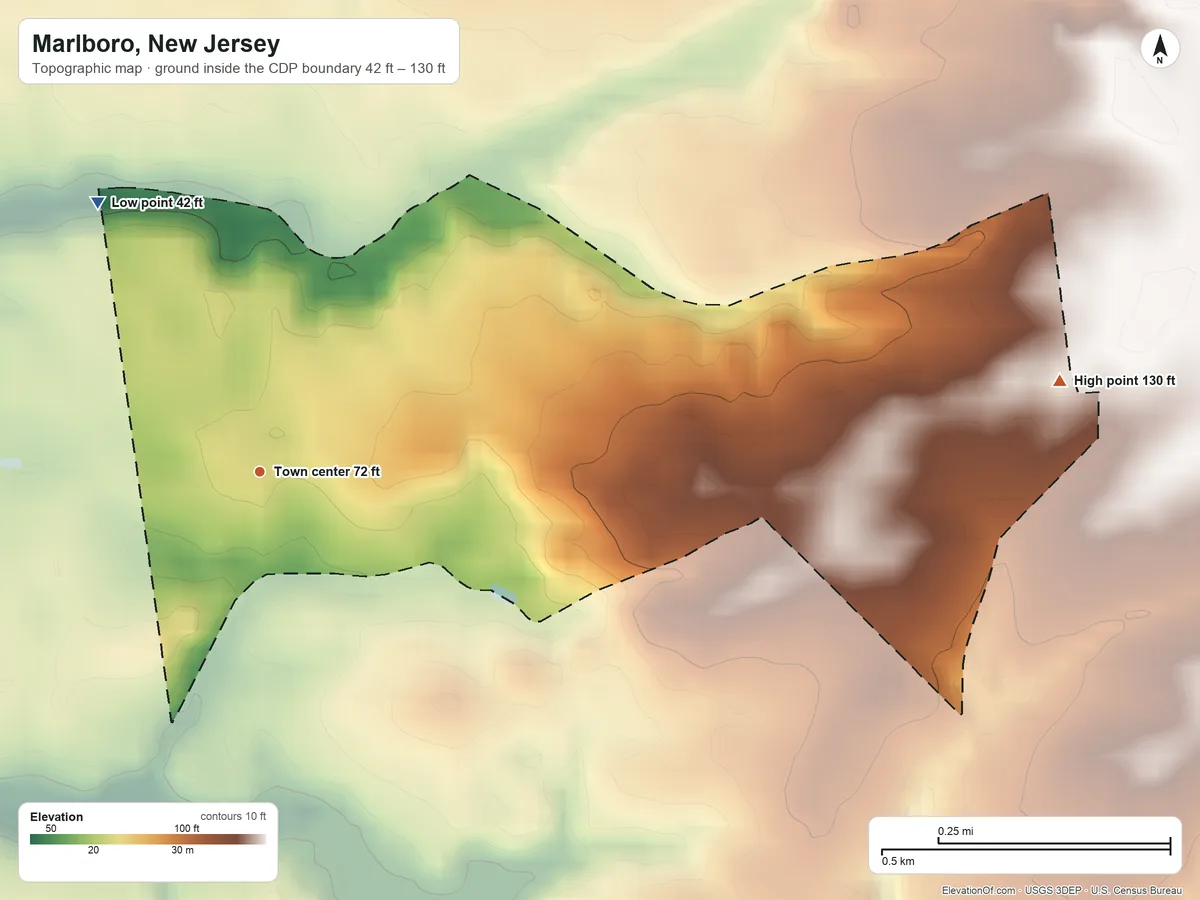 Topographic elevation map of Marlboro, New Jersey, shaded from 42 ft on the northwest side to 130 ft on the east side