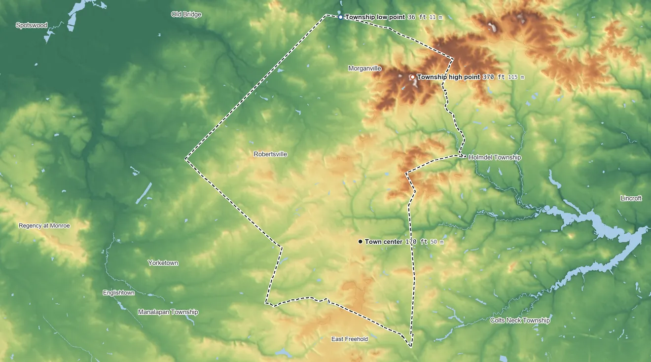 Topographic elevation map of Marlboro Township, New Jersey, shaded from 36 ft on the north side to 370 ft on the north side