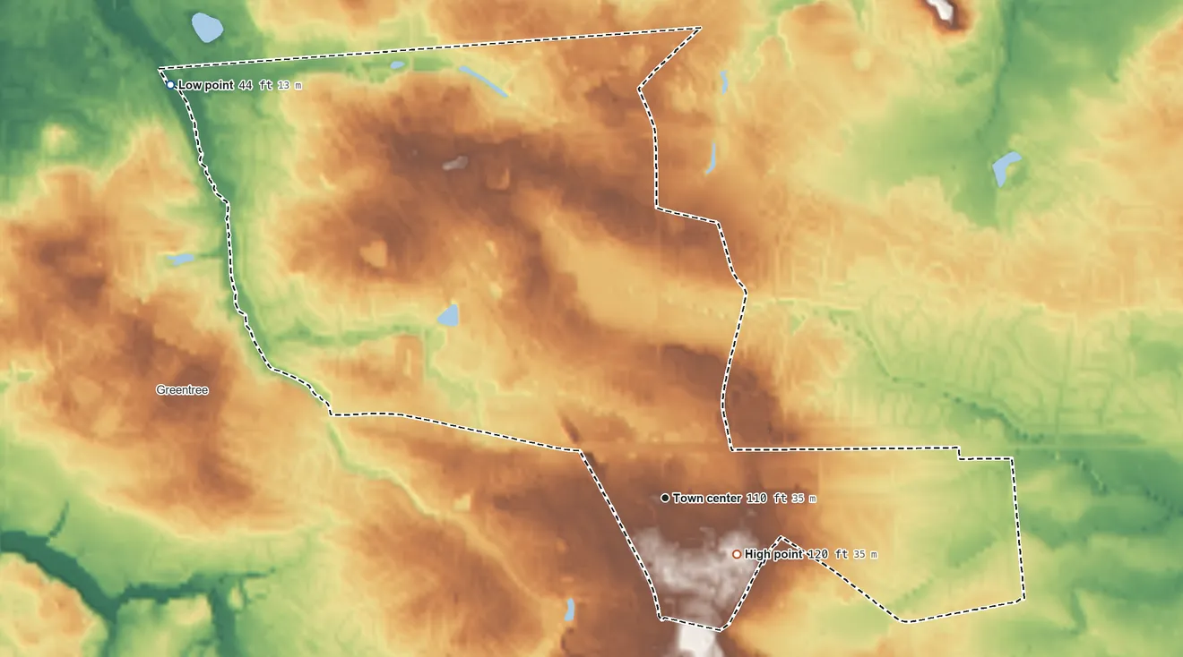 Topographic elevation map of Marlton, New Jersey, shaded from 44 ft on the northwest side to 120 ft near the middle