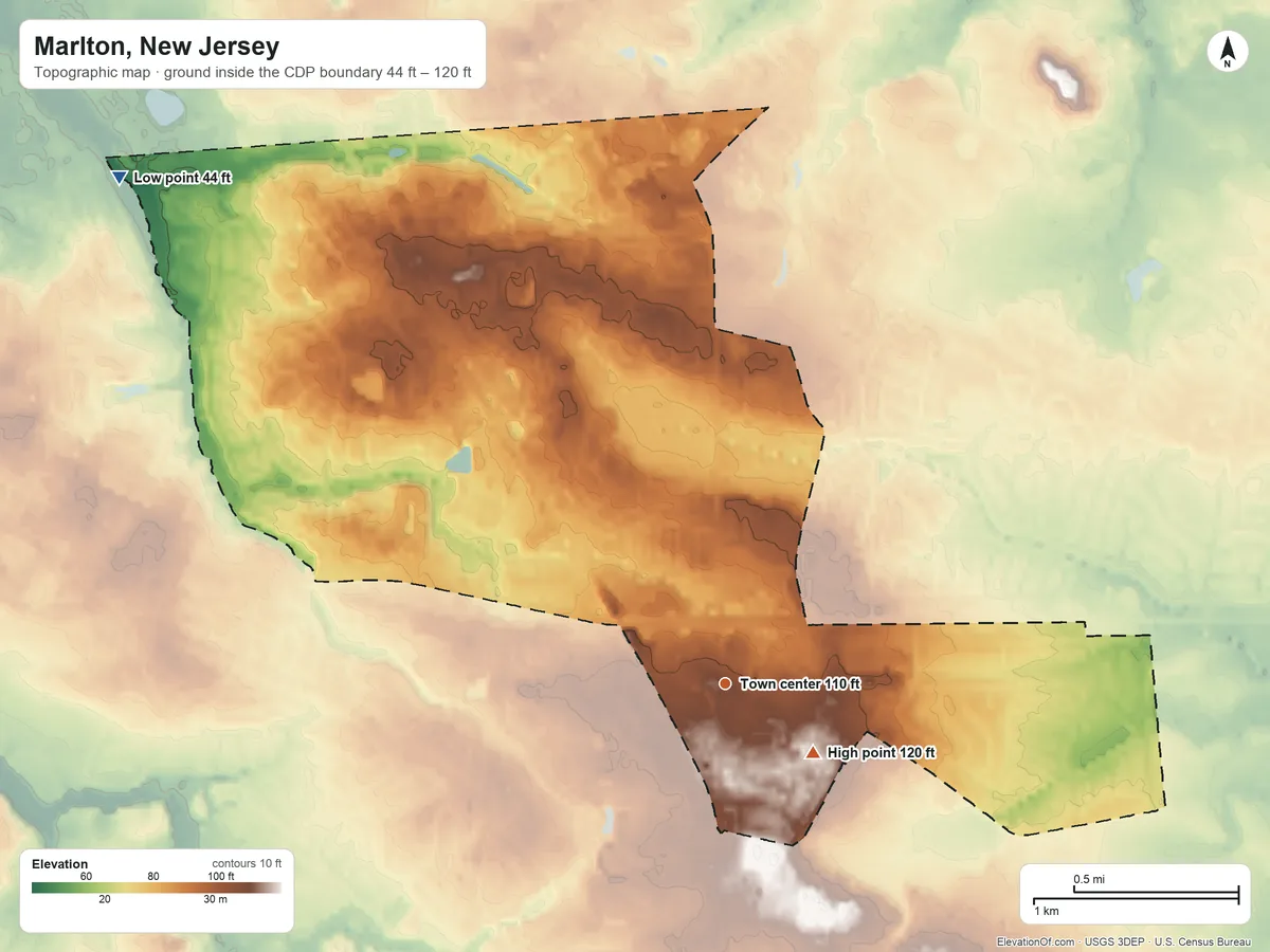 Topographic elevation map of Marlton, New Jersey, shaded from 44 ft on the northwest side to 120 ft near the middle