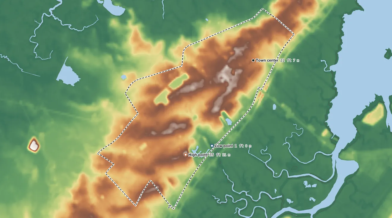 Topographic elevation map of Marmora, New Jersey, shaded from 1 ft on the southwest side to 35 ft on the southwest side