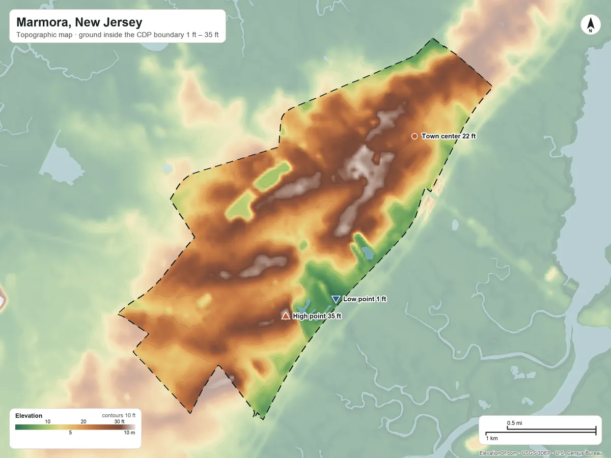 Topographic elevation map of Marmora, New Jersey, shaded from 1 ft on the southwest side to 35 ft on the southwest side