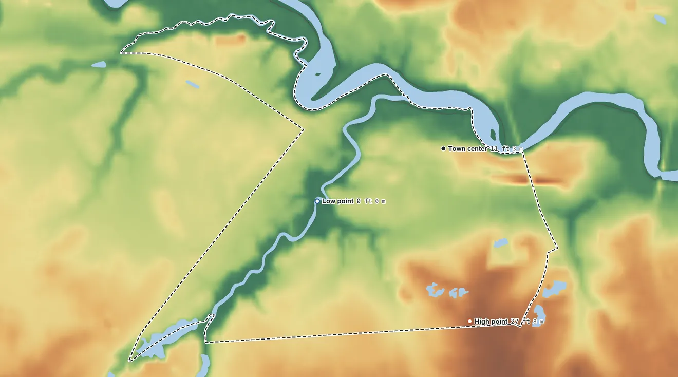 Topographic elevation map of Marshallville, New Jersey, shaded from 0 ft on the southwest side to 27 ft on the south side