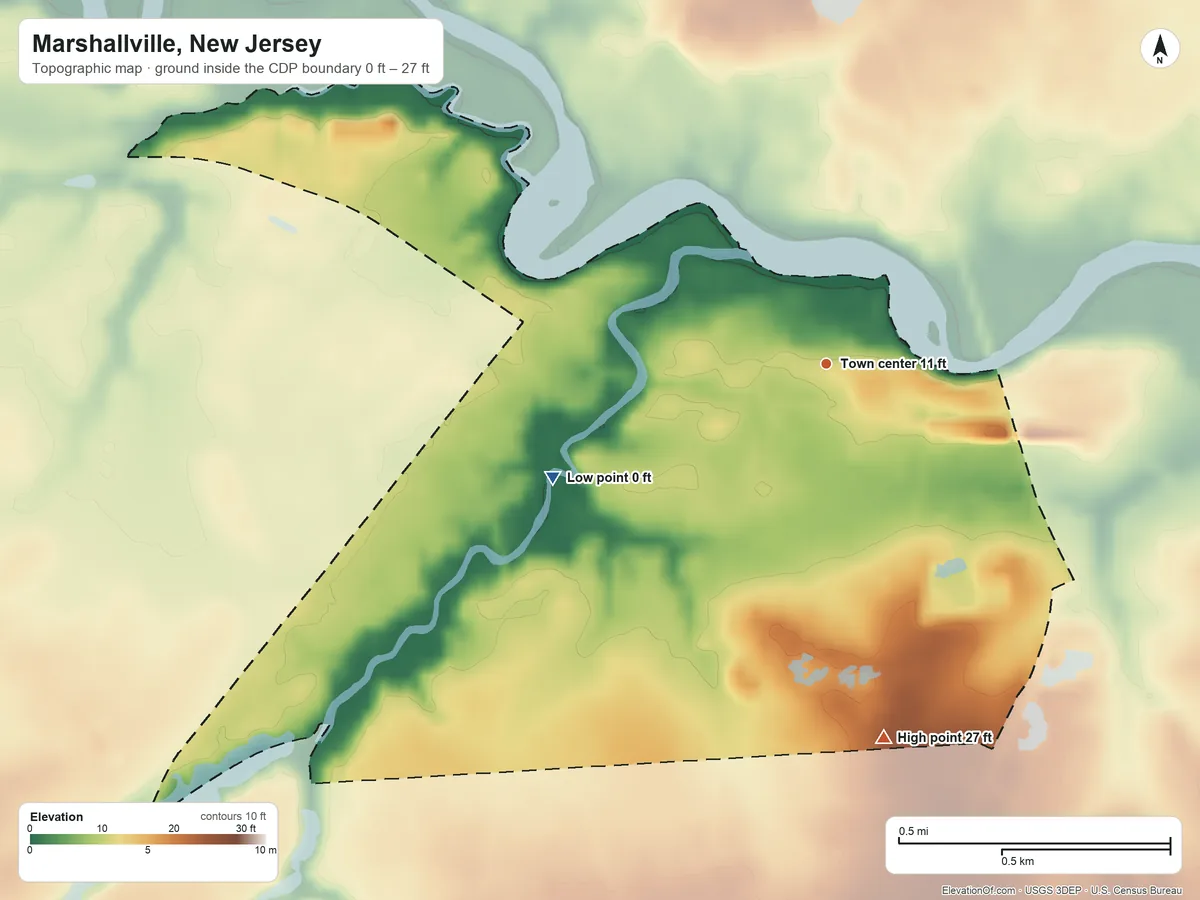 Topographic elevation map of Marshallville, New Jersey, shaded from 0 ft on the southwest side to 27 ft on the south side