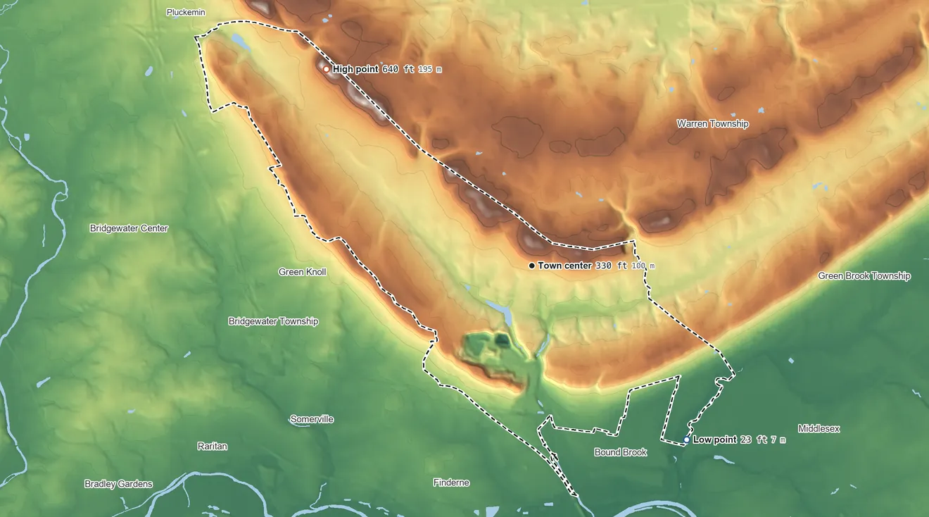 Topographic elevation map of Martinsville, New Jersey, shaded from 23 ft on the southeast side to 640 ft on the northwest side
