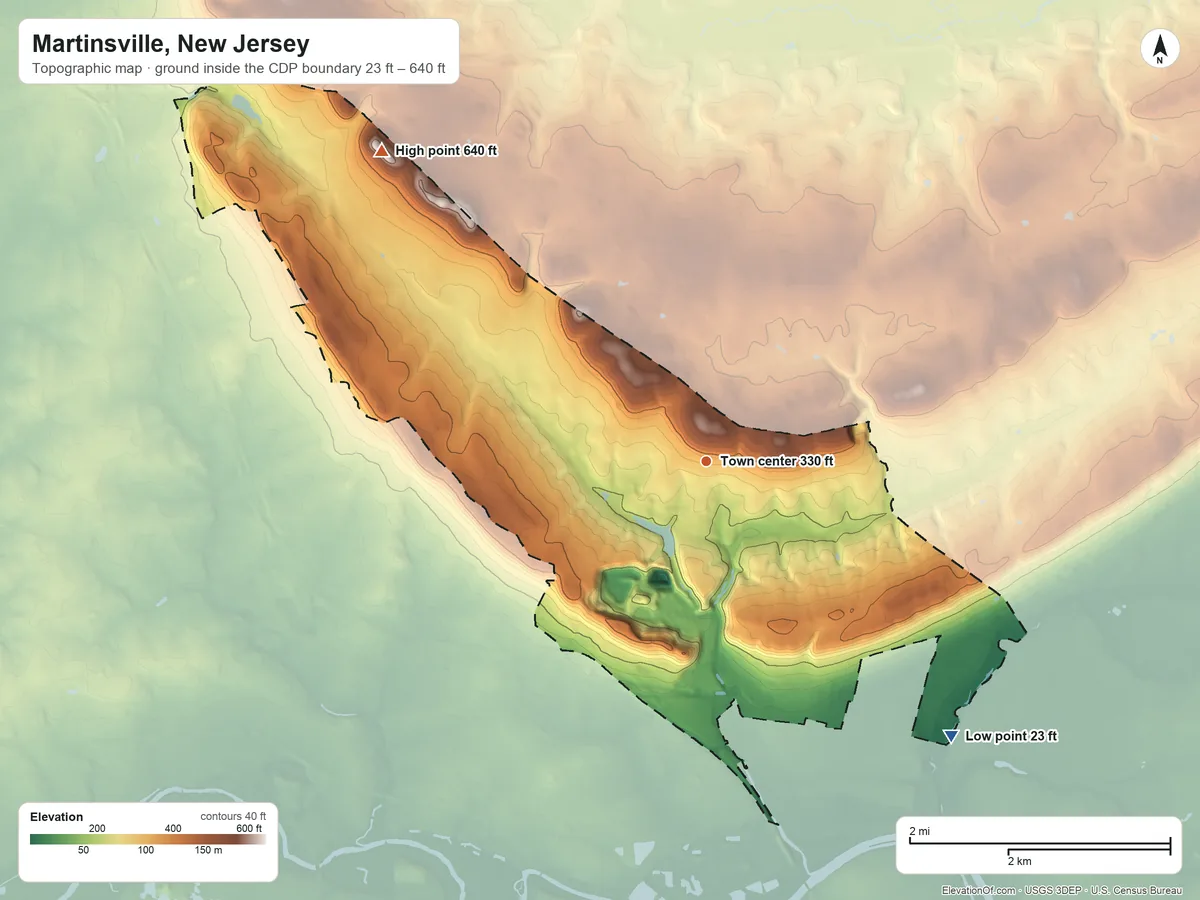 Topographic elevation map of Martinsville, New Jersey, shaded from 23 ft on the southeast side to 640 ft on the northwest side