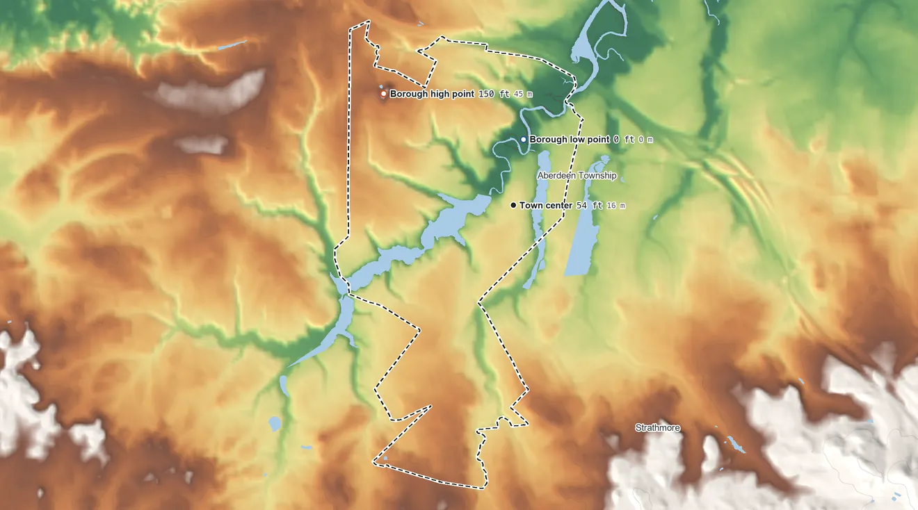 Topographic elevation map of Matawan, New Jersey, shaded from 0 ft on the north side to 150 ft on the northwest side