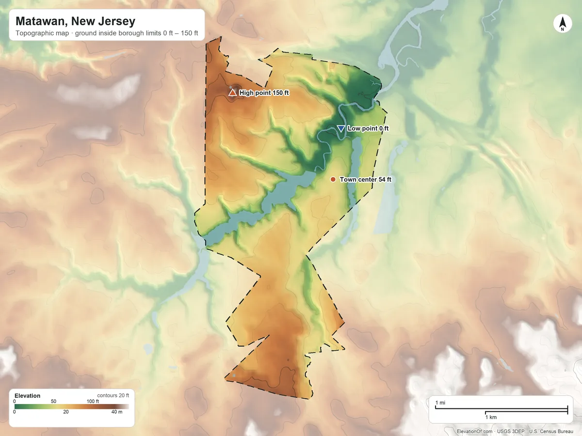 Topographic elevation map of Matawan, New Jersey, shaded from 0 ft on the north side to 150 ft on the northwest side
