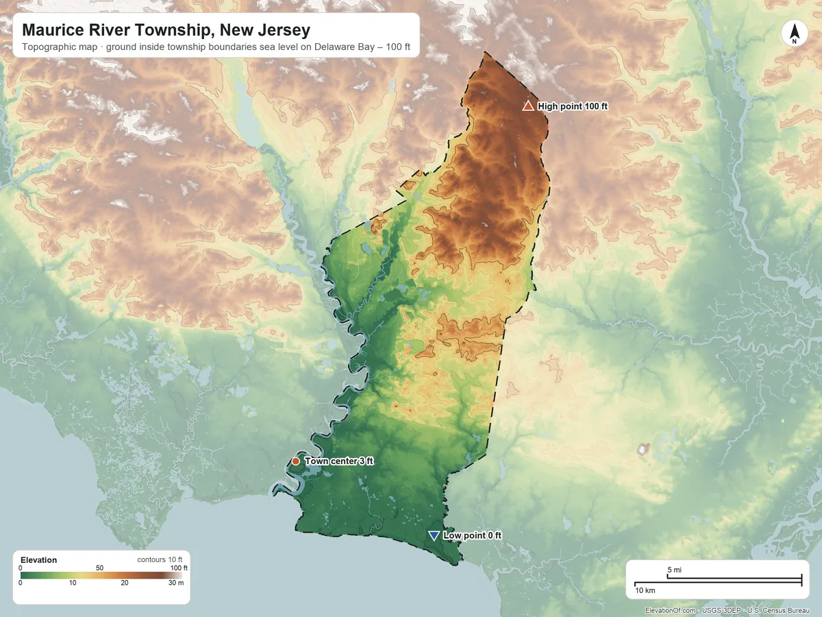 Topographic elevation map of Maurice River Township, New Jersey, shaded from sea level level on Delaware Bay to 100 ft on the northeast side