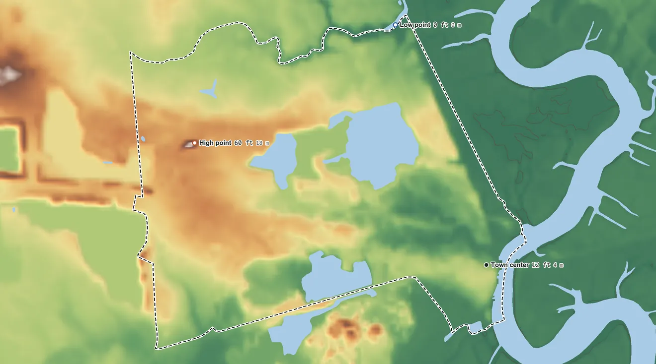 Topographic elevation map of Mauricetown, New Jersey, shaded from 0 ft on the north side to 60 ft on the northwest side