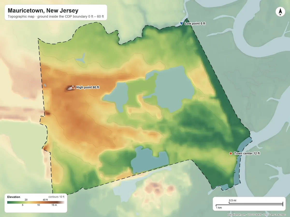 Topographic elevation map of Mauricetown, New Jersey, shaded from 0 ft on the north side to 60 ft on the northwest side