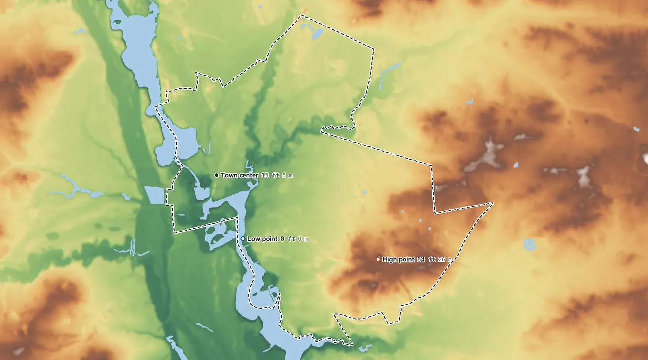 Topographic elevation map of Mays Landing, New Jersey, shaded from 0 ft on the south side to 84 ft on the southeast side
