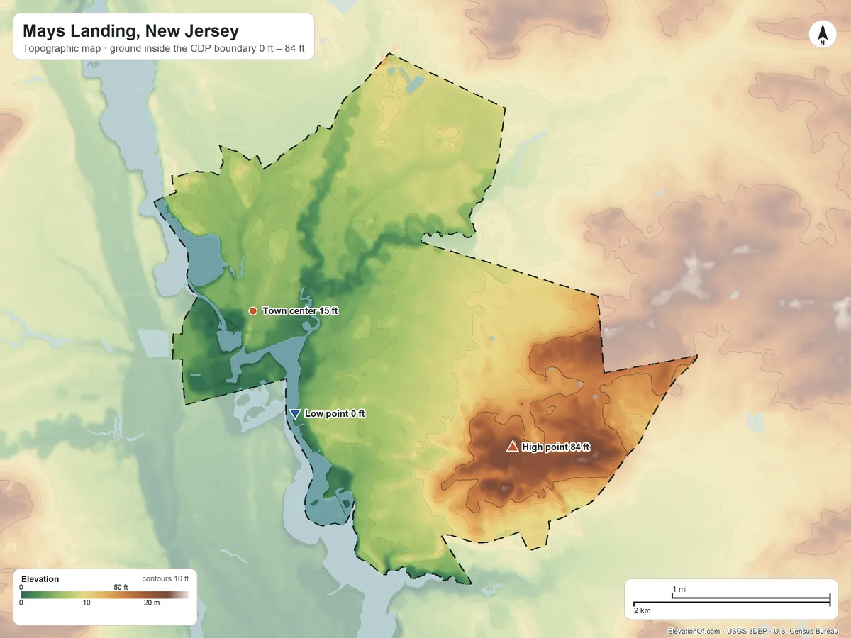 Topographic elevation map of Mays Landing, New Jersey, shaded from 0 ft on the south side to 84 ft on the southeast side
